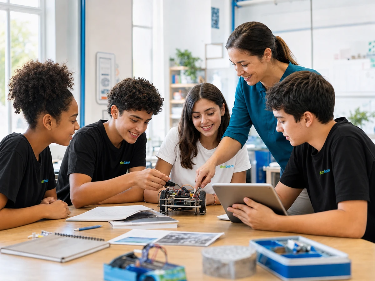 Estudantes desenvolvendo um projeto de tecnologia com orientação de uma professora