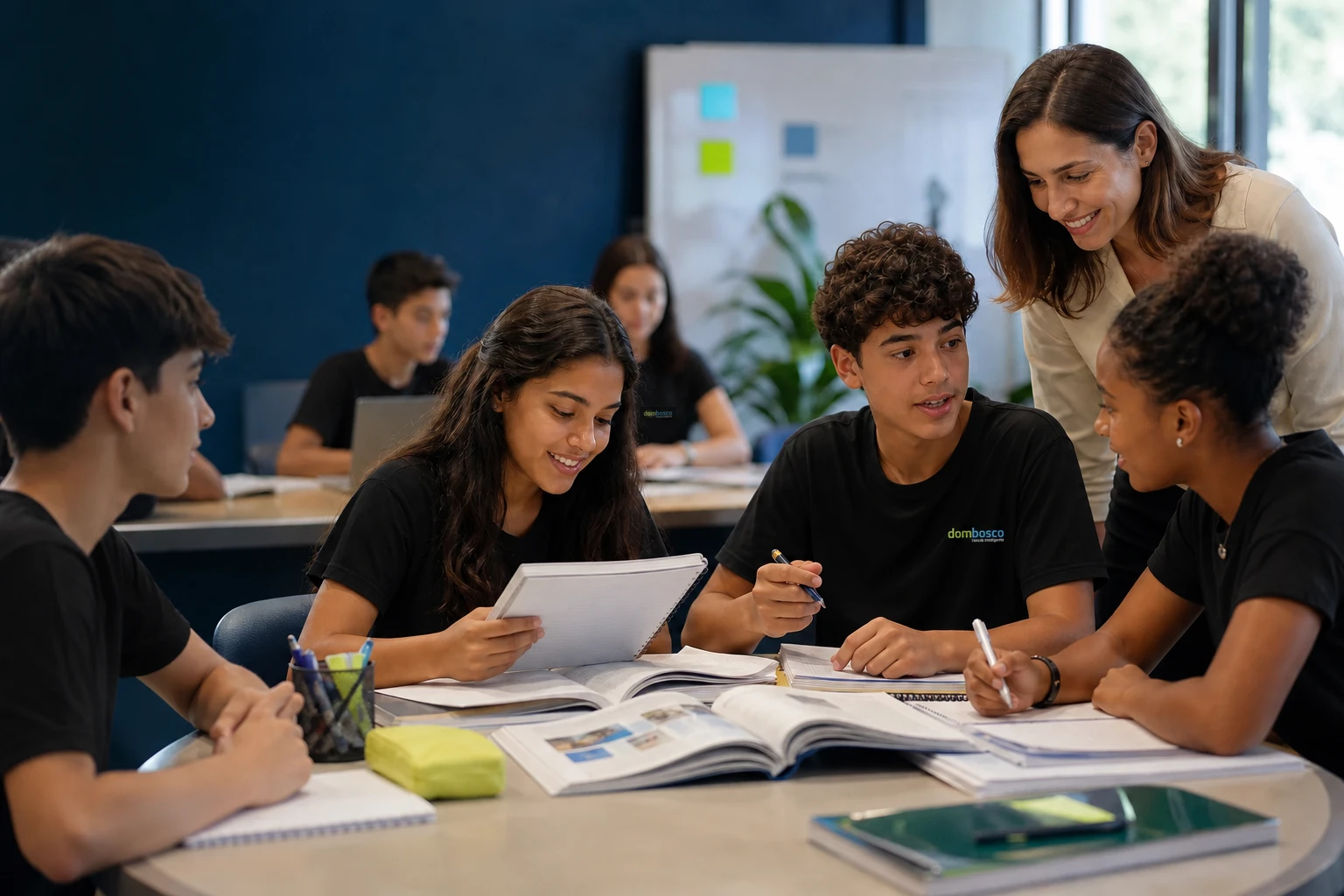 Estudantes aprendendo em grupo com livros impressos, tablet e acompanhamento de uma professora